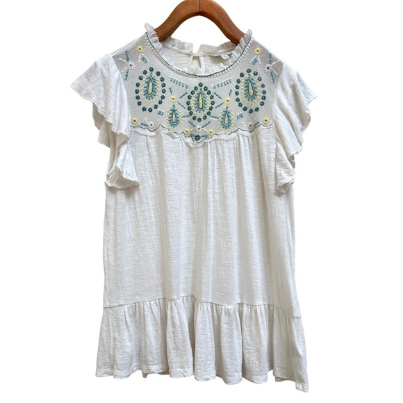 Lucky Brand Embroidered Boho Flutter Sleeve White Top Blouse Shirt, Size Small - Picture 4 of 10